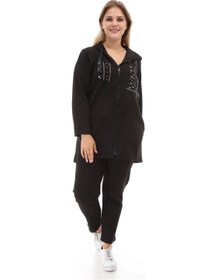 Resim Mia Butik Büyük Beden Siyah Kapşonlu Pul Payetli Eşofman Takımı Siyah 