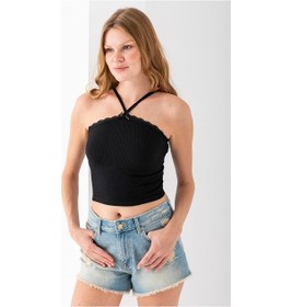 Resim Giysa Kadın Çapraz Askılı Dantel Detaylı Crop Body Siyah - Ms0000309 Siyah 
