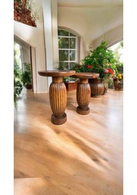 Resim Ahşap 2 Li Mantar Yan Sehpa Seti Fitilli Açık Ceviz Renkli 