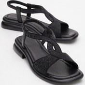 Resim Aurora Siyah Hakiki Deri Taşlı Kadın Sandalet Siyah 