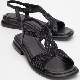 Resim Aurora Siyah Hakiki Deri Taşlı Kadın Sandalet Siyah 