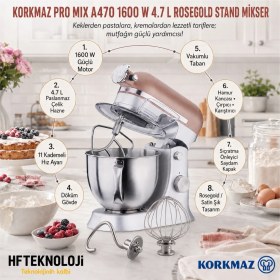 Resim Korkmaz Döküm Gövdesi ve Güçlü Motoru ile Pro Mix A470 1600 W 4.7 Lt Rosegold Stand Mikser 