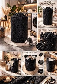 Resim Lüx Leopar Desenli Kumaş Büzgülü Katlanır Kirli Çamaşır Sepeti Dolap Içi Çocuk Oyuncak Sepeti 35x35x50 Siyah 