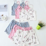 Resim 3 Takım Kadın Pijama, Çiçekli ve Fiyonk Detaylı Baskılı Tasarım, İlkbahar ve Yaz için Rahat Kumaş, Askılı Üst ve Şort - Makinede Yıkanabilir 
