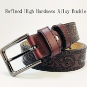 Resim Erkek Vintage Kabartmalı Gerçek Deri Kemer - Altın Tonlu Toka ile Rahat Tarz, Kahverengi ve Siyah Desen, Dayanıklı ve Şık Günlük Kıyafet, Her Gün Kemer | Vintage Kabartmalı Tasarım | Dayanıklı Deri Kemer, Erkek Kemer, Çiçek Kemer 