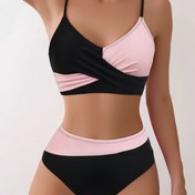 Resim Yüksek Bel Bikini Seti, Renk Bloğu Askılı - Esnek Çapraz Tasarım, Mavi ve Beyaz Plaj veya Havuz için, Yüksek Bel Bikini Seti 