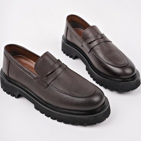 Resim Muggo Paradise Hakiki Deri Kalın Taban Günlük Casual Makosen Kadın Loafer Ayakkabı Kahverengi 