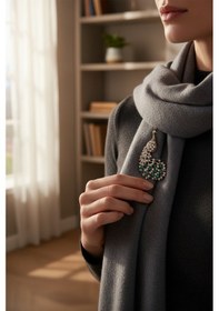 Resim İnci Tavuskuşu Motif Broş Zümrüt Yeşil 