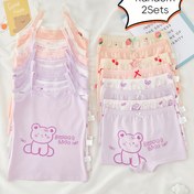 Resim Rastgele 2 Set Kız Camisole Üstleri Dantel Boşluk Tasarımı ile, Sevimli Ayı ve Çilek Karikatür Deseni, Hafif Bej Dostu Çocuklar için Rahat İç Çamaşırı, Nefes Alabilir Yüksek Esnek Bel Bandı, Ön Kurdele Boksör Şortları, Tüm Mevsimler İçin Uygun İlkbahar, Yaz, Sonbahar, Kış İki Parça Set TBD, Kız İç Çamaşırı Seti, Kız İç Çamaşırı, Kız Boksör 