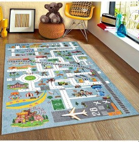 Resim Eğitici Yol Arabalı Çocuk Halısı Mavi 