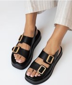 Resim Dolgu Topuklu Çift Bantlı Tokalı Kadın Sandalet Siyah 