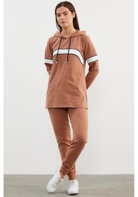 Resim Kapüşonlu Çizgi Bloklu Eşofman Takım - Sütlü Kahve 001 