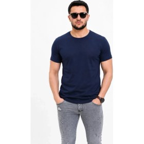 Resim Marsilyan Erkek Basic Tişört Bisiklet Yaka Kısa Kol Günlük Yazlık Slim Fit T-Shirt - Lacivert 