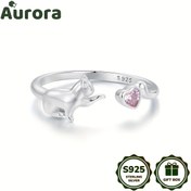 Resim S925 Gümüş Pembe Kalp Kedi Açık Yüzük Hediye Kutusu Ambalajı ile 