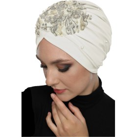 Resim Elysianfidan Kopma Astarlı İşlemeli Krem Gri Dantel Motifli Hazır Türban Tesettür Abiye Bone Krem-gri 