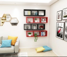 Resim Kitaplık Yatay Duvar Rafı Kırmızısiyah Mobilya 4 Lü Takım Kırmızısiyah 