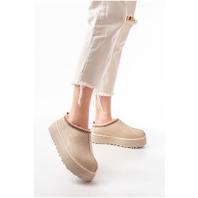 Resim Ndr-2888 Bej Süet İçi Kürklü Kışlık Kapalı Burun Kadın Günlük Terlik Beyaz 