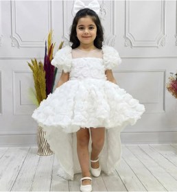 Resim ELLUSSİ Kız Çocuk Beyaz Kuyruklu Şeffaf Gül Desenli Kısa Balon Kol Elbise Abiye 