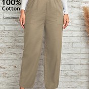 Resim Kadınlar İçin %100 Pamuk Geniş Paça Pantolon - Elastik Bel, Cepli Günlük Yazlık ve Sonbaharlık Rahat Kesim Konik Fit Tatil Kıyafeti, Makinede Yıkanabilir Düz Renk Anne Pantolonu, Seyahat Giyimi, Konforlu Malzeme 