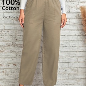 Resim Kadınlar İçin %100 Pamuk Geniş Paça Pantolon - Elastik Bel, Cepli Günlük Yazlık ve Sonbaharlık Rahat Kesim Konik Fit Tatil Kıyafeti, Makinede Yıkanabilir Düz Renk Anne Pantolonu, Seyahat Giyimi, Konforlu Malzeme 