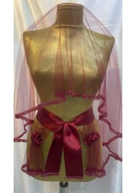 Resim Bordo İncili Gelin Duvak Kuşak Eldiven El Gülü Kına Örtüsü Gelin Örtü Kına Seti 