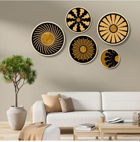 Resim Yuvarlak Ahşap Kahverengi Ve Siyah Soyut Çiçekler Tablo Seti 