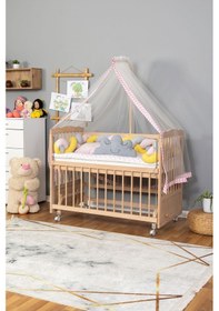 Resim Ahşap Beşik Anne Yanı Beşik Organik 60x120 - Pembe Sarı Örgü Uyku Seti Seti + Yatak + Tekerlekli Ahşap 