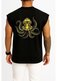 Resim Bahriyeli Collection Oversize Steampunk Octopus Dalgıç Başlığı Cep Ve Sırt Baskılı Atlet Siyah 