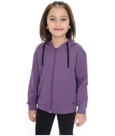 Resim Toontoy Kız Çocuk Kapüşonlu Fermuarlı Cepli Düşük Omuz Nakış Baskılı Örme Hırka - 2 İplik Mor 