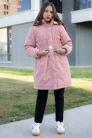 Resim Cansın Mini Pembe Kemerli Nubuk Kumaş Kız Çocuk İçi Kürklü Kapüşonlu Şişme Mont 21312 