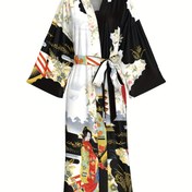 Resim Şık Çiçek ve Geometrik Desenli Kadın Sabahlığı - Ayarlanabilir Kemerli Yumuşak V-Yaka Kimono Tarzı Pijama, Hafif Her Mevsim İçin Makinede Yıkanabilir Ev Rahatlığı, Canlı Desenler, Cilt Dostu Kumaş 