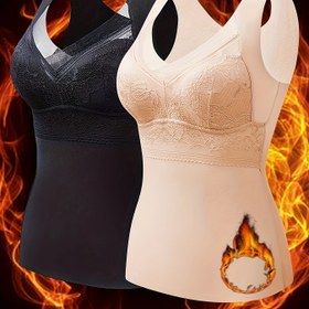 Resim 2'li Şık Kadınlar İçin Kolsuz, Sonbahar/Kış Sıcak İç Çamaşırı, Kontrast Dantel Detaylı, Çıkarılamayan Dolgulu, Örgü Kumaş, Poliamid %92 Spandeks %8, Düz Renk, 90gsm - Yetişkin Termal Taban Katmanı 