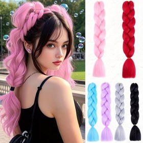 Resim Kadınların Yüksek Sıcaklıkta Sentetik Gökkuşağı Braids - Isıya Dayanıklı, Önceden Döngülenen DIY Crochet Saç Uzatmaları, Cesur Festival Stilleri İçin, Canlı Pink, Mavi, Mor, Siyah ve Beyaz, Festival Saç Aksesuarı | Canlı Saç Rengi | Dayanıklı Saç Uzatması 
