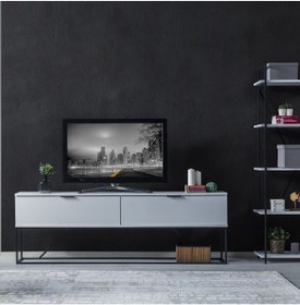 Resim MİLVAKİ Zen Tv Ünitesi, Modern, Minimalist, Metal Ayaklı, Beyaz Tv Sehpası 