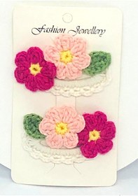 Resim Çiçekli 2li Çıt Çıt Toka, Örgü Saç Tokası, Saç Aksesuarı Beyaz - Pembe 