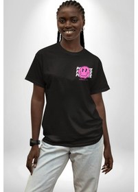 Resim Positive Enerji Emoji Gülen Surat Siyah Oversize Unisex Ön Sol Yan Minimal Baskılı Tişört Koyu Siyah 