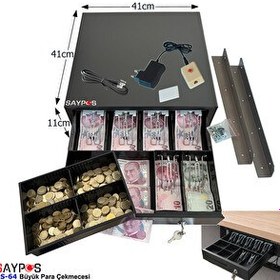 Resim Saypos 6 Banknot Gözlü Kolay Açma Butonlu ve Montaj Askıl Takım Halinde Para Çekmecesi 41x41x11 CM 