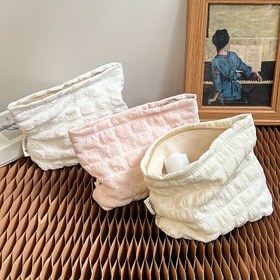 Resim Küçük Ekose Makyaj Çantası - Çok Bölmeli Taşınabilir Kozmetik Organizatör, Dayanıklı Polyester, Elde Yıkanabilir - Beyaz ve Pembe Seyahat, Spor Salonu, Temel Eşyalar İçin Depolama 