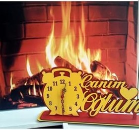 Resim Canım Oğlum Ahşap Masaüstü Kalpli Saat Sarı-Kırmızı, canımoğlsk 