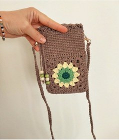 Resim Kemzey Handmade Çiçekli Telefon Çantası, Motifli Tığ İşi Telefonluk, El Yapımı Telefon Kılıfları Kahverengi - Yeşil 