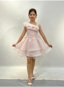 Resim Kız Çocuk Abiye Pudra Kalp Tokalı Tek Omuz Detaylı Abiye Elbise 6-10 Yaş Pudra 