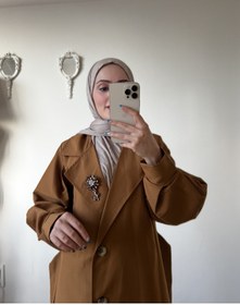 Resim Esre Store Broş Detaylı Tesettür Trençkot Taba 