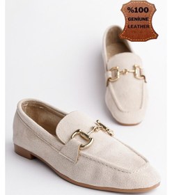 Resim Muggo Mona Garantili Metal Tokalı Deri Kadın Loafer Günlük Ayakkabı Bej 