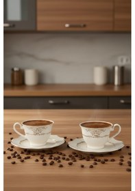 Resim 2'li Krem Altın Yaldızlı Tuğçe Porselen Çay Fincan Takımı Beyaz 