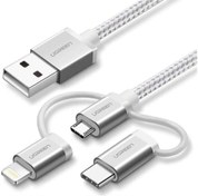 Resim UGREEN 3'ü 1 Arada Örgülü iPhone Lightning Type-C Micro USB Şarj Kablosu-1.5 Metre Beyaz 