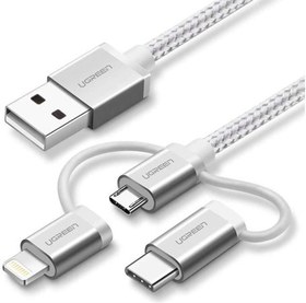 Resim UGREEN 3'ü 1 Arada Örgülü iPhone Lightning Type-C Micro USB Şarj Kablosu-1.5 Metre Beyaz 