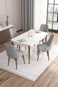 Resim Canisa Are Serisi Mdf 80x132 Açılabilir Beyaz Masa Ceviz Ayak Masa Takımı Ve 4 Gri Sandalye 