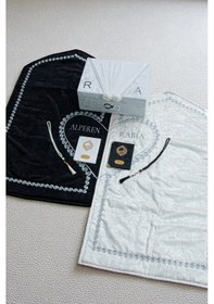 Resim Çeyizlik Kişiye Özel İsimli Kalpli Seccade Seti - Sandıklı Bohçalık Hediyelik Eşli Çift Seccadesi Siyah Beyaz 