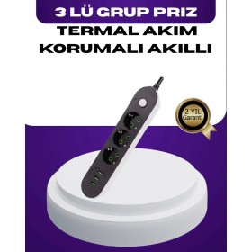 Resim USB Yuvalı Anahtarlı Üçlü Priz 2 Metre Kablolu 