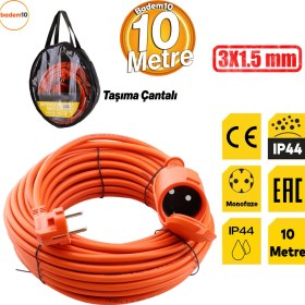 Resim CCA Uzatma Kablosu 3x1.5 mm 10 Metre Kablolu Tekli Grup Fiş Priz Topraklı Kapaklı Monofaze Ev Tipi 